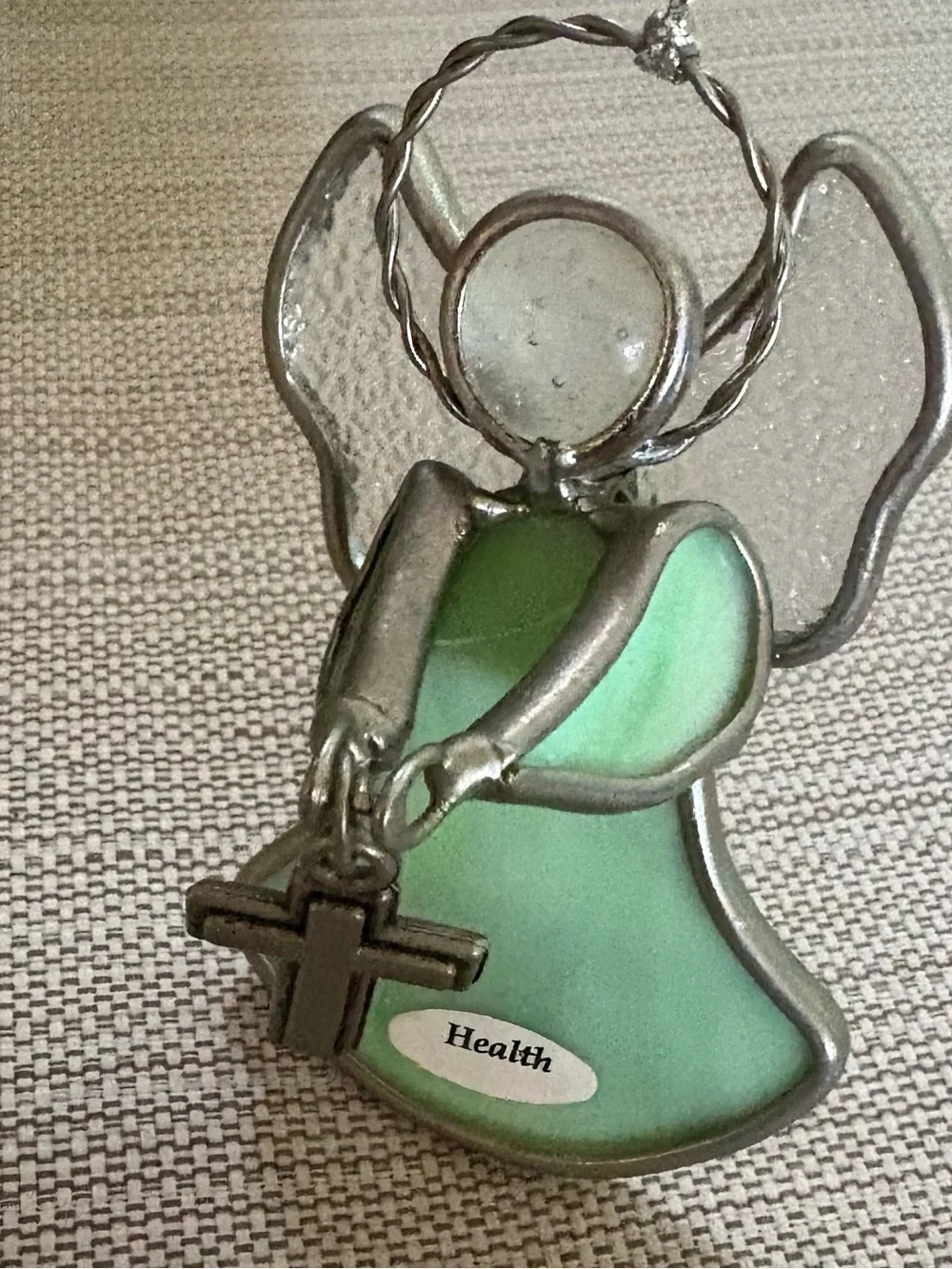 Ganz Green glass angel ornament with silver cross get well gift religious heal
